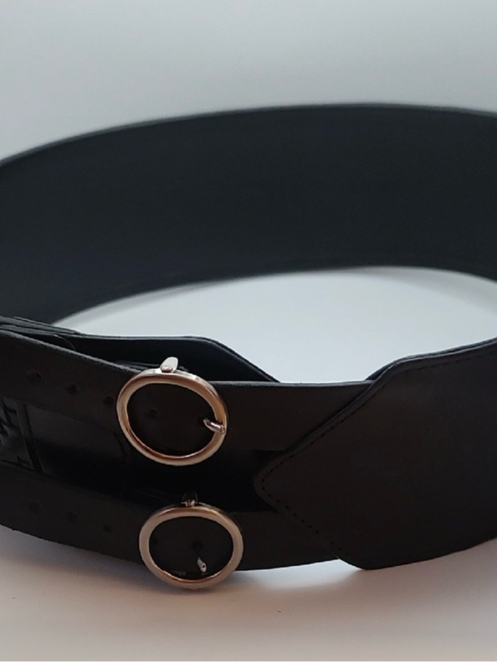 Cole Haan Black Double-Ring Waist Belt with Gold Buckles